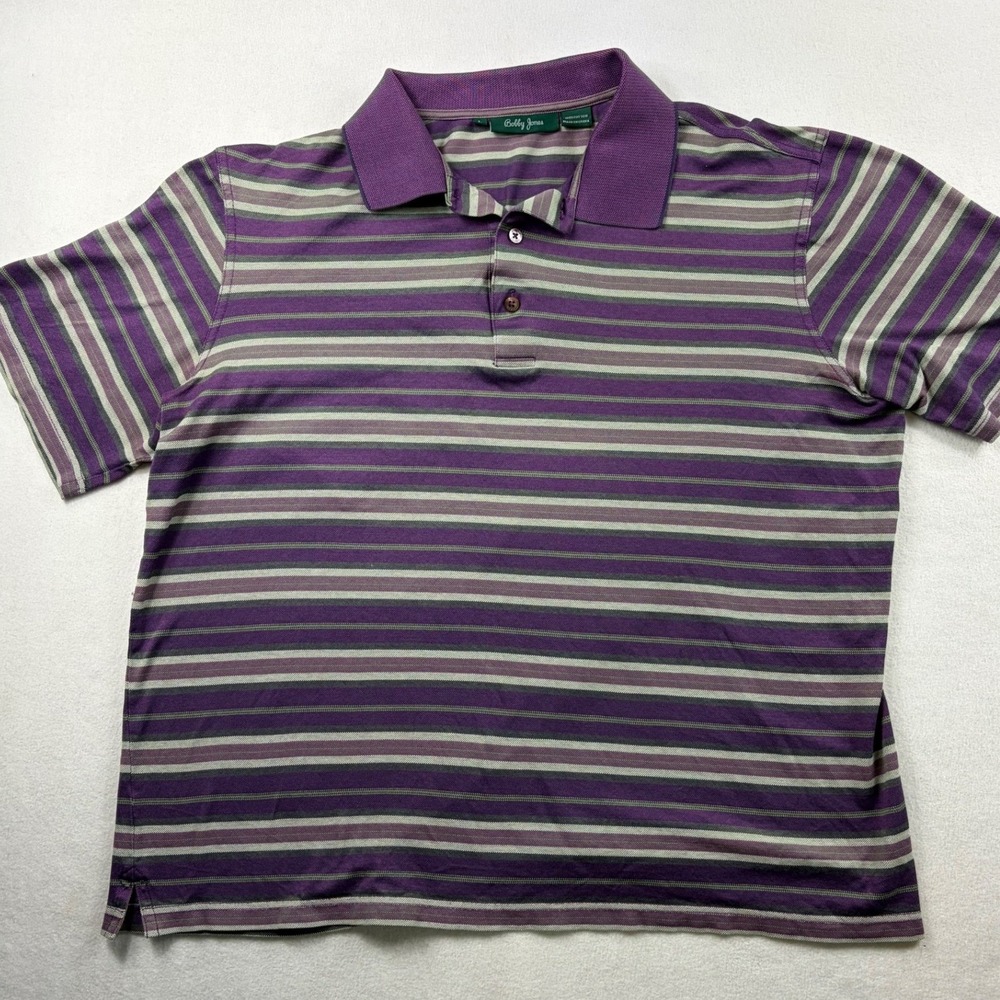 Bobby Jones Mens Large Purple Striped Cotton Polo Shirt Short Sleeve Preppy Y2K